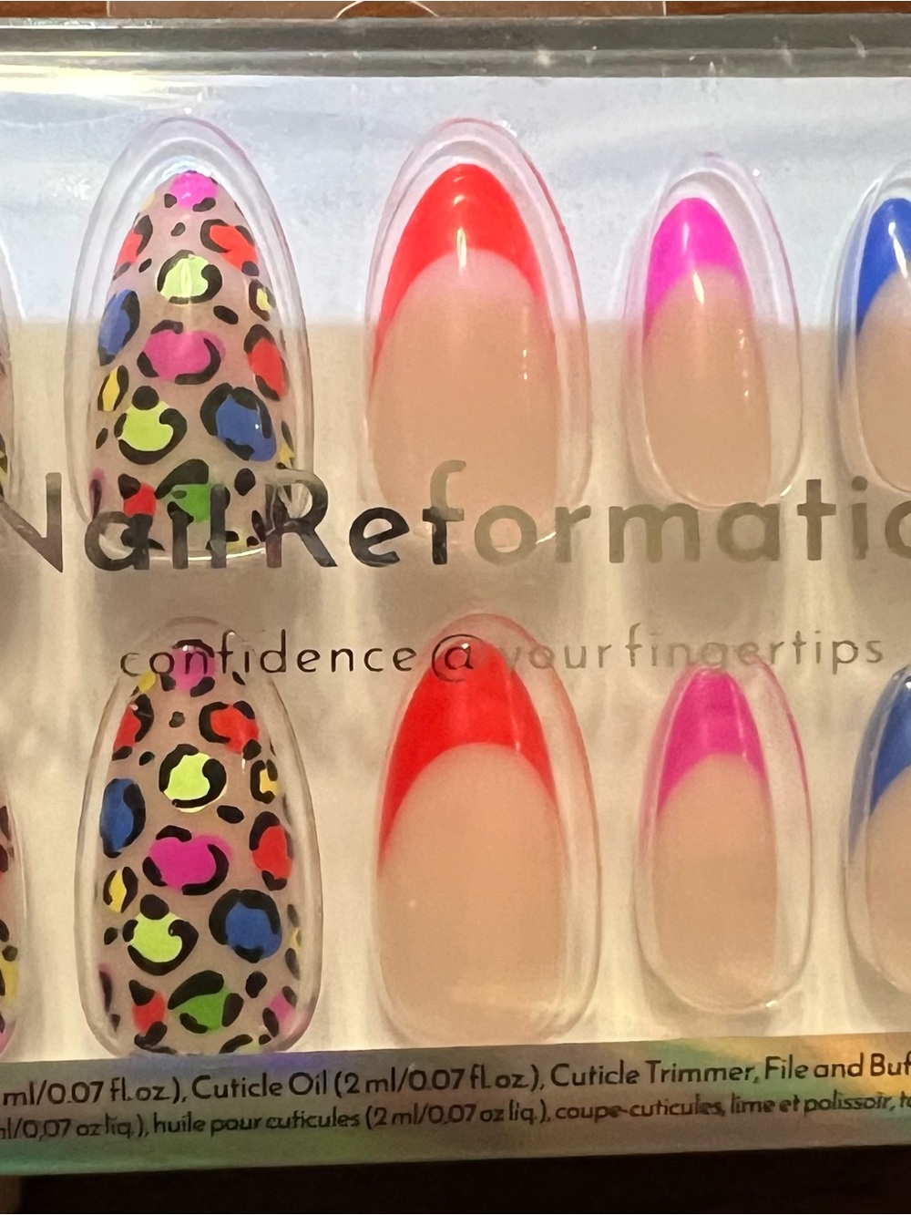 Reformation Neon Pink & Red French Tips with Multicolor Leopard Accents